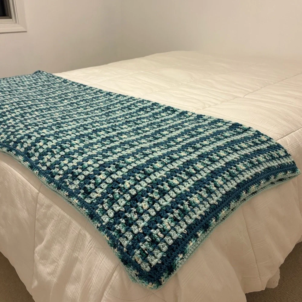 Handmade Crochet Blanket Throw Quilt Sea Glass Coastal Blue Aqua Green 56” X 54”